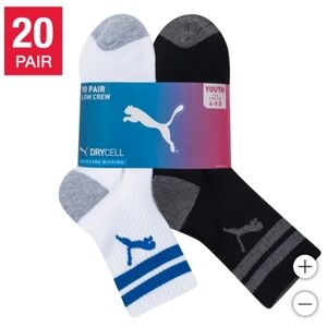 New! PUMA Kids' Boys Girls Low Crew Socks, 20-pair Black Color Size L Large NWT!
